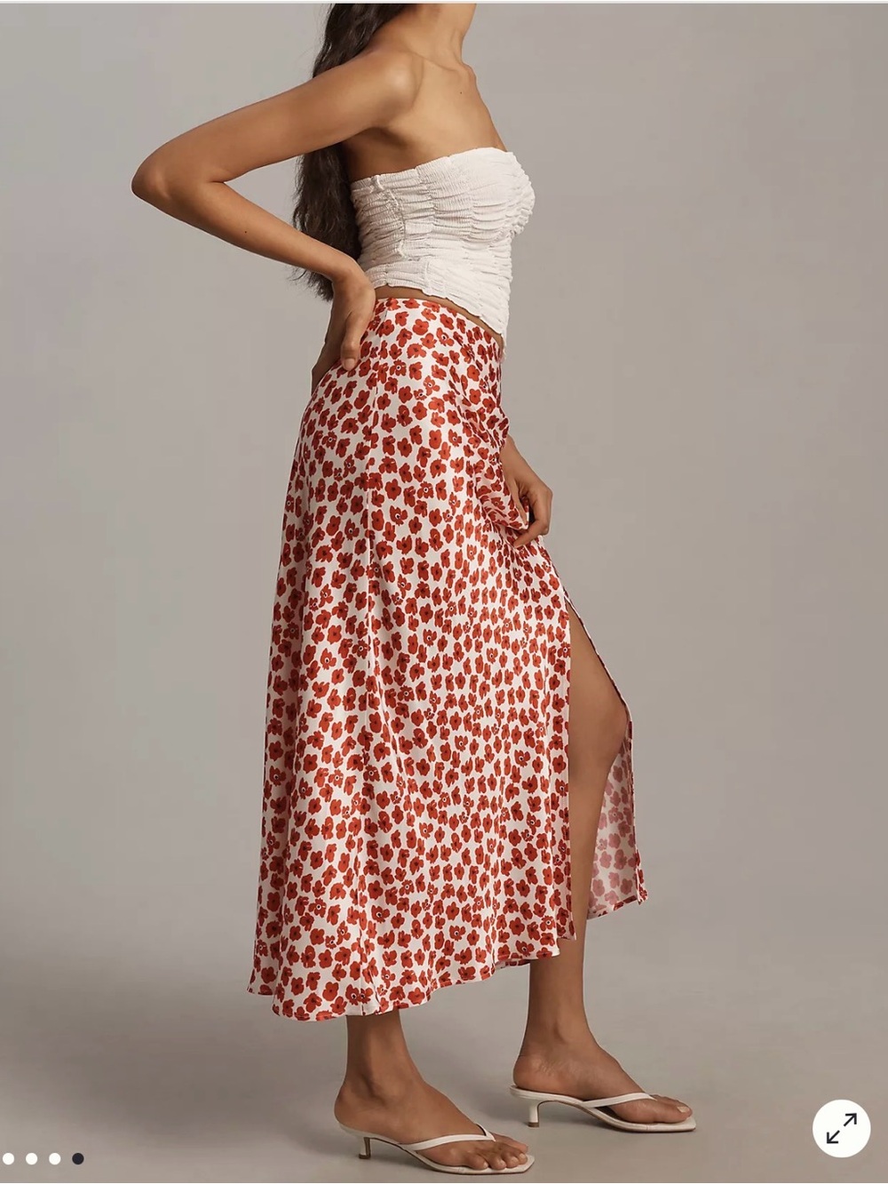 Maeve by Anthropologie Red White Floral Satin Viscose Ruched Slit Midi Skirt S